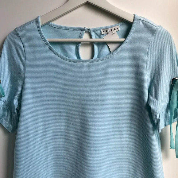 Tribal Short Sleeve Scoop Neck Stripped Top Ruffle Design Blue Aqua Sz S NWT - Picture 9 of 9
